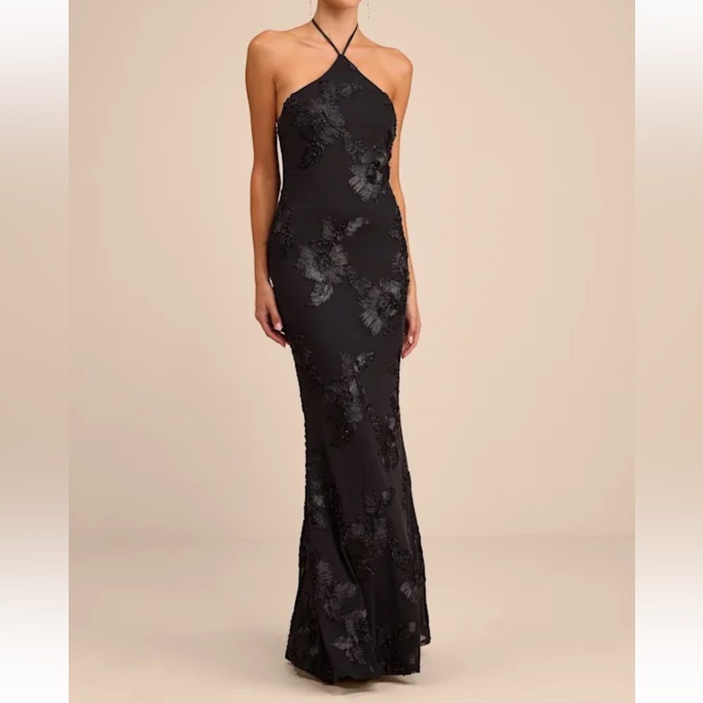 Lulus Black Floral Appliqué Mesh Halter Neck